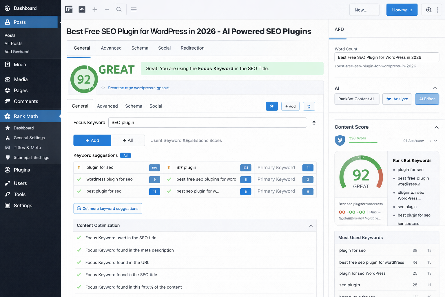 Best free SEO plugin for WordPress dashboard with AI powered SEO settings